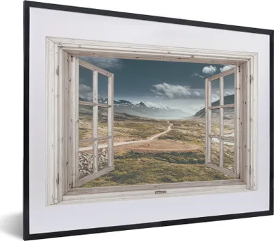 Produktbild von MuchoWow® Gerahmtes Poster Aussicht - Berg - Holz 40x30 cm - Poster mit Schwarzem Bilderrahmen Wandposter Rahmen Foto Bilder - Bilderrahmen - Poster im Rahmen