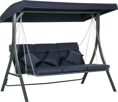 Produktbild von Outsunny Hollywoodschaukel 3-Sitzer, Schaukelbank mit Verstellbarem Sonnendach, Gartenschaukel mit Kissen, bis 270 kg Belastbar, Metall, Texteline, Dunkelblau, 198 x 118 x 168 cm