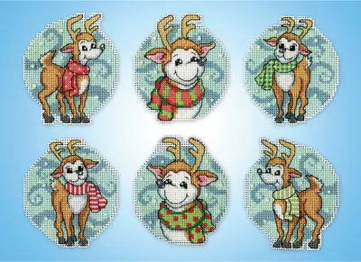 Produktbild von Design Works Kreuzstich Stickpackung "Weihnachtsbaum Dekoration Rentiere 6er Set", Zählmuster, 8x9cm