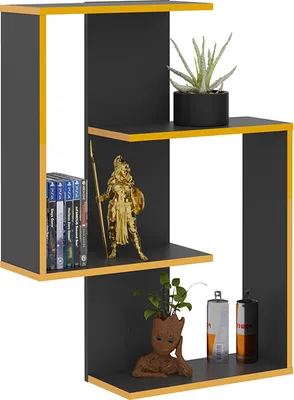 A modern, multi-level shelf unit with decorative items.