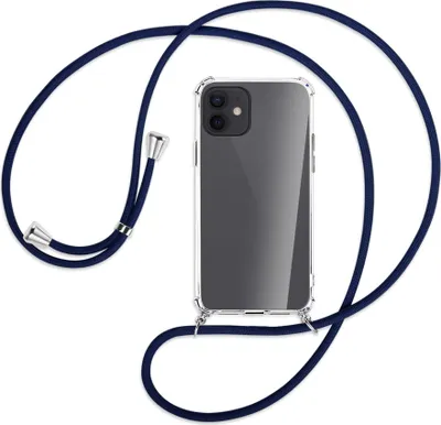 Produktbild von Handykette Backcover-Schutzhülle mit Band (Metall silberfarben) für Apple iPhone 12, 12 Pro - dunkelblau