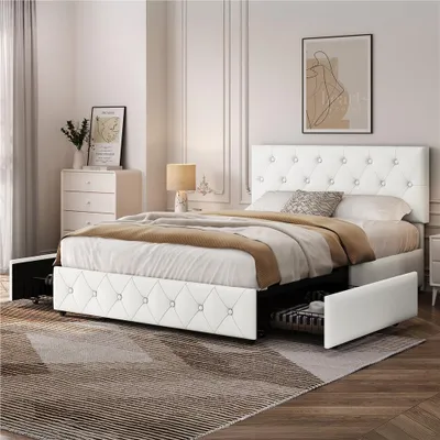 Produktbild von Yaheetech Polsterbett mit Schubladen, 140 x 200 cm, höhenverstellbarer Kopfteil, Doppelbett aus Kunstleder, Weiß