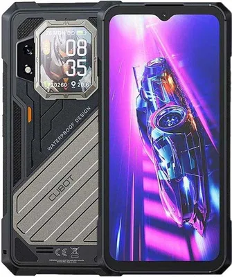 A rugged smartphone is shown with its screen displaying a futuristic graphic and its back showing a secondary display with time and date.