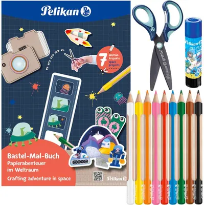 Produktbild von Pelikan Bastel Malbuch Set 4-teilig Weltraum Griffix Schere Buntstifte Klebestift