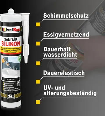 Produktbild von Isolbau Sanitär Silikon 1 x 300 ml Schwarz - Hochelastischer Silikon-Dichtstoff für Abdichtungen & Fugen – Schimmelresistent, wasserdicht -  Kartusche