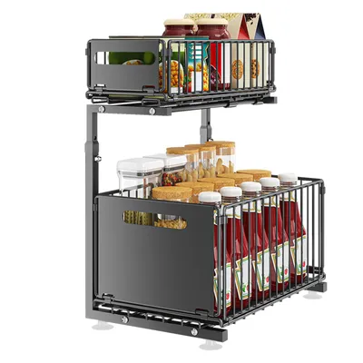 Produktbild von Schubladenregal mit 2 Körben Metall Unterschrank Organizer Gewürzregal Küche und Bad Schwarz