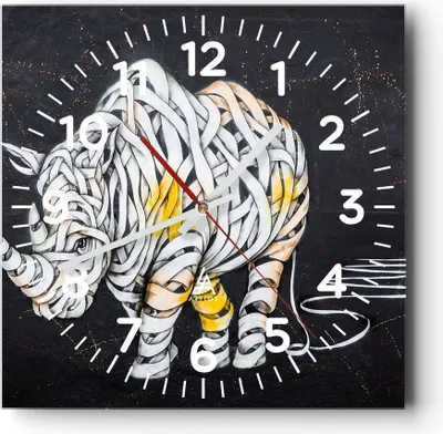 Produktbild von Wanduhr - Quadrat - Glasuhr - Nashorn modern - 40x40cm - Schleichendes Uhrwerk - Lautlos - zum Aufhängen bereit - Dekoration Modern - Wanddekoration aus Glas - C4AC40x40-3706