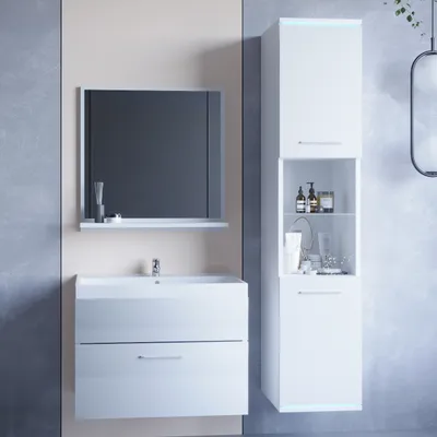 A modern white bathroom vanity set with a mirror and a tall cabinet.
