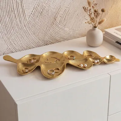 Zdjęcie produktu dla FineBuy, dekoracyjna misa, złota, metalowa, 60,5 cm, dekoracja stołu, nowoczesna misa metalowa, aluminiowa, w kształcie liścia, elegancka misa aluminiowa, misa na biżuterię, ręcznie robiona