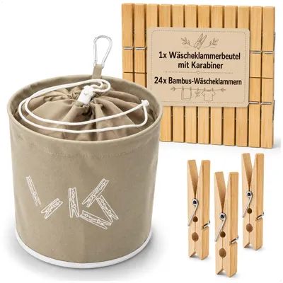 Produktbild von com-four® Wäscheklammerbeutel mit 24 Bambus-Wäscheklammern und Karabiner