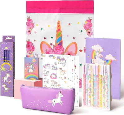 Image de Anyfirst Set d'écriture licorne de 37 pièces, cadeaux pour les filles de 4, 5, 6, 7 et 8 ans, set de stylos licorne avec étui, autocollants, carnet, violet