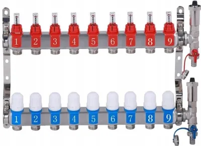 Obrázek produktu pro Potrubní Rozdělovač Pro Podlahové Vytápění S 9 Okruhy A Ocelovými Průtokoměry