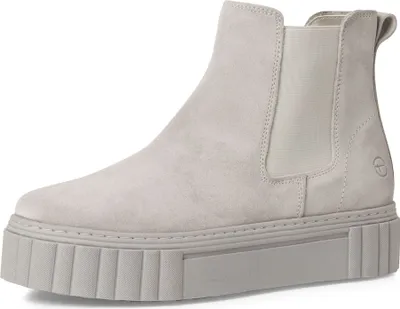 A single gray women's boot is shown against a white background.