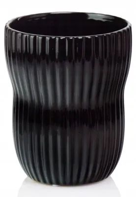 Produktbild von Geriffelter Keramik Blumentopf-Übertopf rund, Schwarz glänzend, 13 cm Durchmesser, 16 cm Höhe
