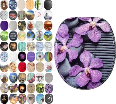 A collage of various toilet seat designs, with one design prominently displayed in the center.