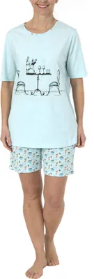 Produktbild von Lässiger Damen Shorty Pyjama Schlafanzug kurzarm mit verspielten MotivLässiger Damen Shorty Pyjama Schlafanzug kurzarm mit verspielten Motiv 64752 ; hellblau , 36