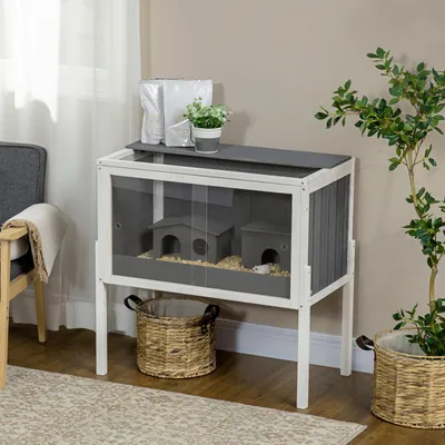 Zdjęcie produktu dla Klatka dla chomika wykonana z drewna sosnowego, klatka dla chomika syryjskiego z 2 kryjówkami, drzwiczkami przesuwne z akrylu, kolor ciemnoszary | 82 x 45 x 81 cm | powierzchnia do biegania: 3000 cm² | metalowa siatka