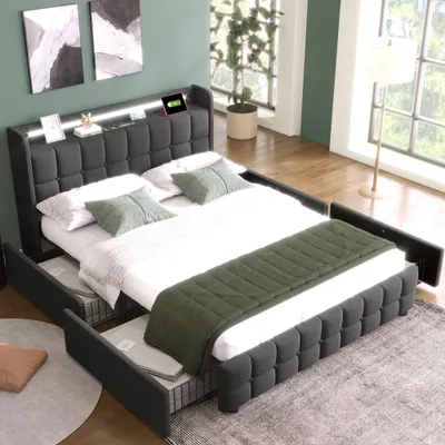 Produktbild von Polsterbett 140x200cm mit USB und Steckdosen, LED-Beleuchtung und 4 Schubladen, Bettgestell mit Holzlattenrost und Kopfteil für Schlafzimmer