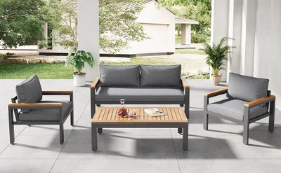 Produktbild von Merax Gartenlounge Set 4-tlg. Balkonmöbel Set mit Kissen und Eisenrahmen,Gartenmöbel Set aus Akazieholz, Sitzgruppe Terassenmöbel für 4 Personen, Grau