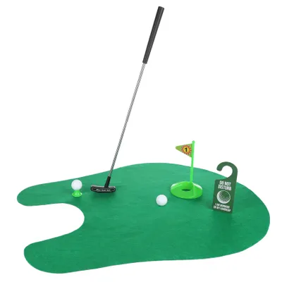 Produktbild von FunX Toilettengolf Geschenk Set - Lustiges Mini Golf Männergeschenk fürs Badezimmer mit Puttingmatte - 7 tlg. Golfgeschenkartikel