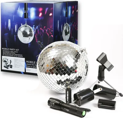 Produktbild von SATISFIRE Discokugel Set - Mobile Party Kit - Komplettset mit 20cm Kugel, Motor, Spot, Stativ