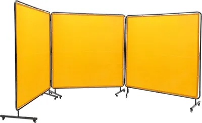 Obrázok produktu pre Zváracia clona s rámom, 6' x 6' 3-panelové zváracie clony, nehorľavá vinylová zváracia ochranná clona na 12 otočných kolieskach (6 uzamykateľných), pohyblivá a profesionálna pre dielňu, žltá