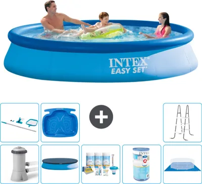 Produktbild von Intex runder aufblasbarer Easy Set-Schwimmpool – 366 x 76 cm – Blau – inklusive Pumpe Abdeckung - Wartungspaket - Filter - Bodenplane - Reinigungskit - Leiter