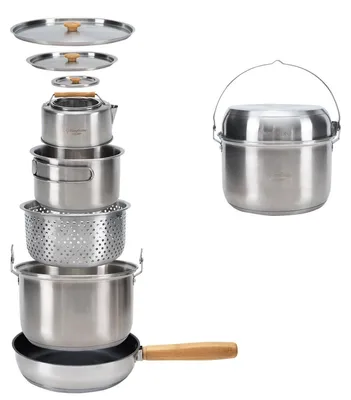 Produktbild von Camping Kochgeschirr Set Edelstahl 4-teilig + Wasserkessel für 4 Personen, stapelbar, Induktion geeignet