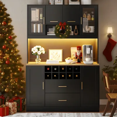 Produktbild von Seitenschrank 120x36,3x180cm – Aufbewahrungsschrank & Küchenschrank mit LED & Steckdose, 6 Türen & 2 Schubladen, hoher Vorratsschrank, Schwarz/Weiß