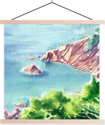 Produktbild von MuchoWow® Textilposter Meer - Berge - Wald 60x60 cm mit holzfarbenen Rahmen - Wanddekoration