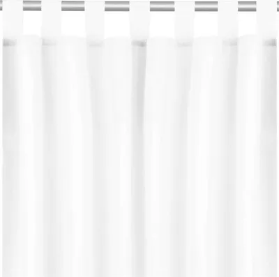 A white curtain with fabric loops hanging from a curtain rod.