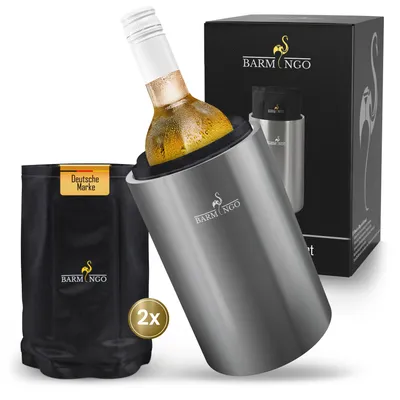 Produktbild von Weinkühler Edelstahl mit Kühlakkus – Getränkekühler & Flaschenkühler für Wein, Sekt, Champagner | Sektkühler doppelwandig mit Kühlmanschetten, Silber