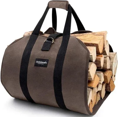 Immagine prodotto di Borsa interna in tela cerata marrone scuro, resistente, con tasca aperta, porta legna per caminetto, borsa per legna da esterno