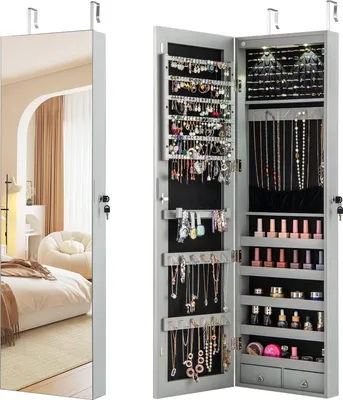 Produktbild von GOPLUS Schmuckschrank mit LED, Spiegelschrank hängend mit Schlüsseln, Schmuckregal mit Spiegel für Ringe, Ohrringe, Halsketten, Armbänder (Grau)