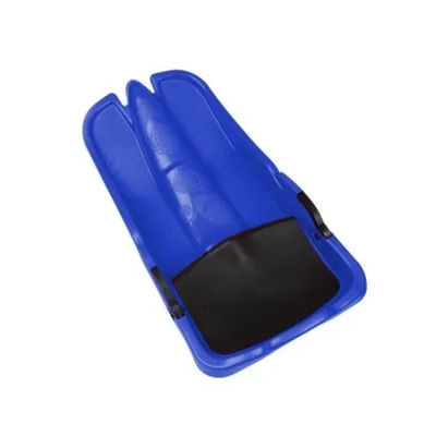 A blue plastic sled with a black seat, shown on a white background.