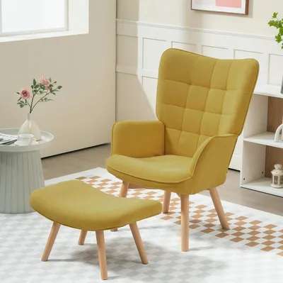 Produktbild von Einzelsessel mit Hocker, Relaxsessel, Armlehnstuhl mit Holzbeinen, für Wohnzimmer