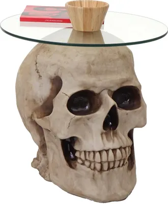 Produktbild von Beistelltisch Totenkopf MCW-A19, Glastisch Wohnzimmertisch Couchtisch Totenschädel, Polyresin rund Ø55cm natur