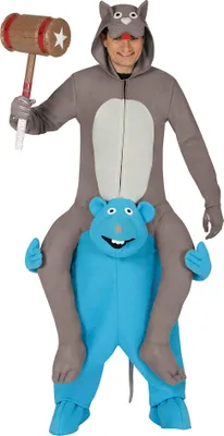 A person wearing a costume of a cat riding on a blue mouse.