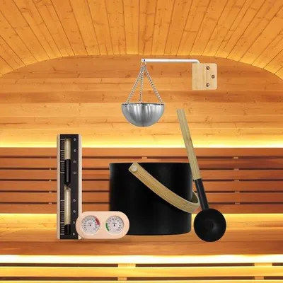 Produktbild von Sauna-Set, bestehend aus: 7-Liter-Sauna-Eimer aus Aluminium, Sauna-Eimer mit Tragegriff, Sanduhr, Saunabecher, Thermometer und Hygrometer, Saunabecher, Sauna-Zubehörset für Badezimmer und Hotelbäder