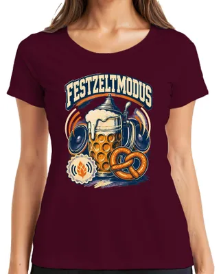 Produktbild von Festzeltmodus  Wiesn Maßkrug Brezel Lederhose Dirndl Damen T-Shirt, Burgundy, 3XL