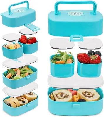 Obrázok produktu pre Detská bento krabička, 1260 ml, 2 v 1, 4 priehradky, nepretekajúca, vhodná do mikrovlnnej rúry a umývačky riadu