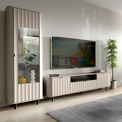 Produktbild von Wohnwand mit Vitrine & Lowboard in Taupe, Wellenoptik, 2-teilig - NASHVILLE-161