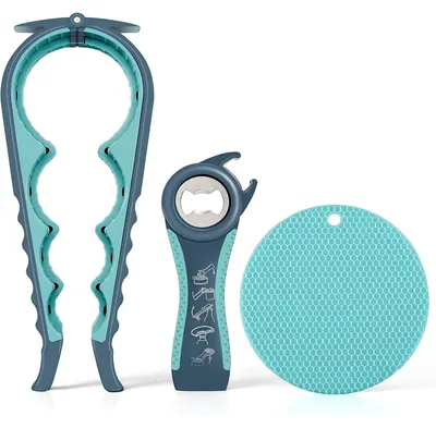 Produktbild von Flaschenöffner Seniorenöffner Gläseröffner - 5-in-1 - Gummi - Blau und Grau - Für Gläser und Dosen