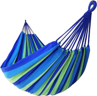 Produktbild von Unyqoos® Brasilianische XXL Doppel-Hängematte aus Baumwolle – 2 Personen, Liege 250×160 cm, Gesamtlänge 350 cm, belastbar 300 kg, blau/grün