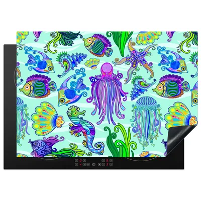 Produktbild von KitchenYeah© Herdabdeckplatte Tiere - Regenbogen - Fische - Muster , 75x52cm, Küche Deko, Glaskeramikkochfeld Herdabdeckung, Abdeckplatte fùr Kochfeld