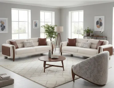 Zdjęcie produktu dla Nowoczesny zestaw sof w kolorze beżowym, 3+3+1-osobowy, sofa materiałowa do salonu, eleganckie meble tapicerowane