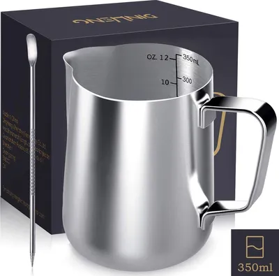 Produktbild von Milchkännchen,Milk Pitcher 350ml / 12 fl.oz. Milchkanne aus Edelstahl Milch Aufschäumen Krug Art Aufschäumkännchen+ Latte Art' Pen / Barista Stift, Silber
