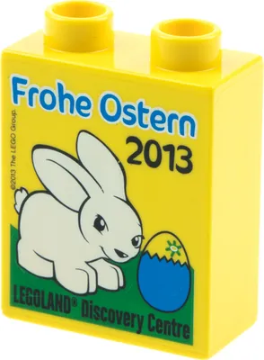 Produktbild von 1x Lego Duplo Sonderstein gelb 1x2x2 bedruckt Frohe Ostern 2013 4066pb435