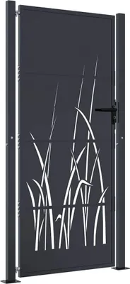A dark gray metal garden gate with a cut-out grass design.