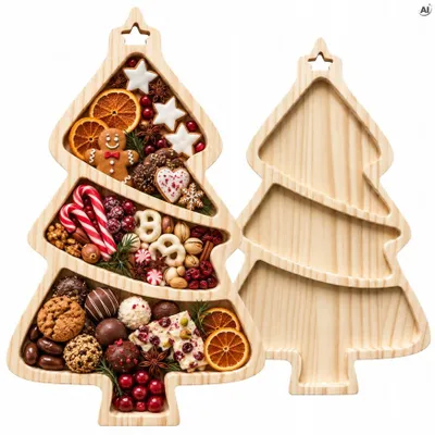 Produktbild von Servierbrett in Tannenbaumform aus Holz - Weihnachtstablett für Snacks, 29,5 cm